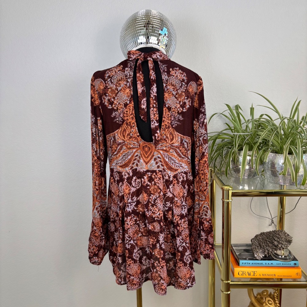 Free People Lady Luck Tunic Medium Burgundy Paisley Open Back Bell Sleeve Hippie - Picture 5 of 14